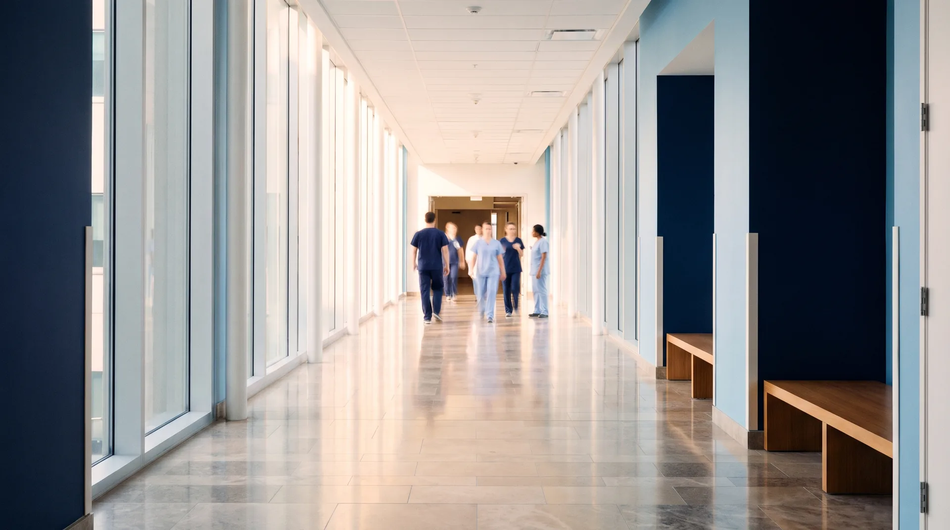 Pasillo luminoso de un hospital moderno con personal sanitario al fondo